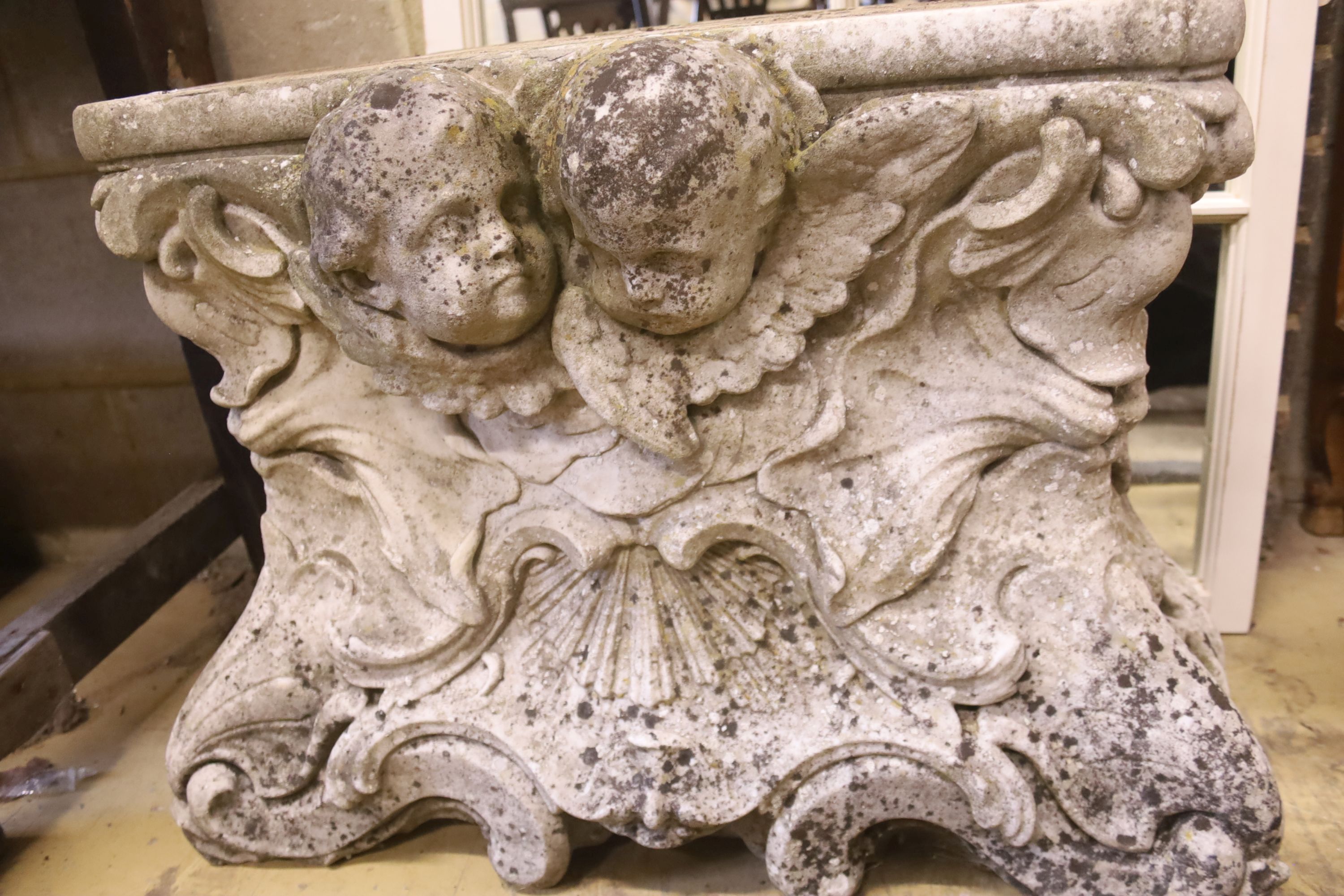 A 19th century rococo revival sculpted white marble pedestal, width 74cm, depth 26cm, height 53cm